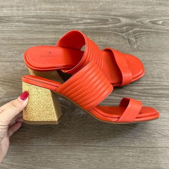 CASLON Orange Leather Upper Lamia Square-Toe Block-Heel Sandals Size 7 - Picture 1 of 5